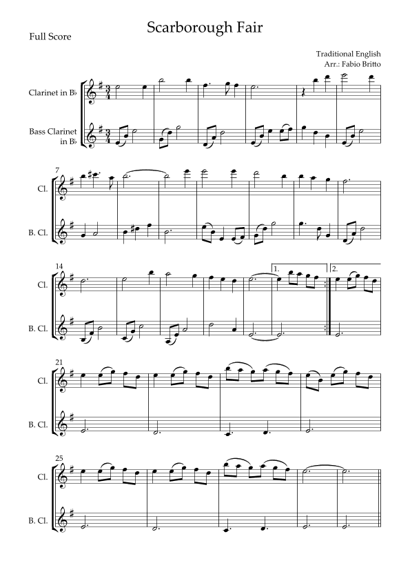 Scarborough Fair for Clarinet Bb & Bass Clarinet in Bb Duo (arr. Fabio Britto)