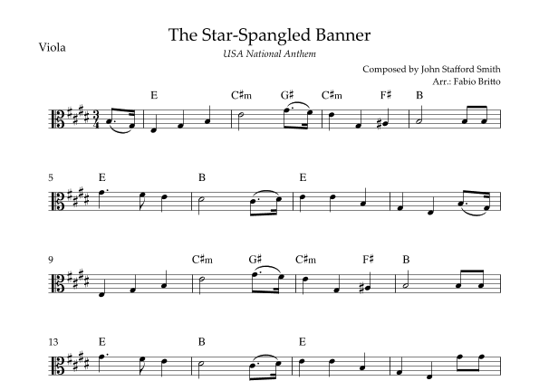 The Star Spangled Banner (USA National Anthem) for Viola Solo with Chords (E Major) (arr. Fabio Britto)