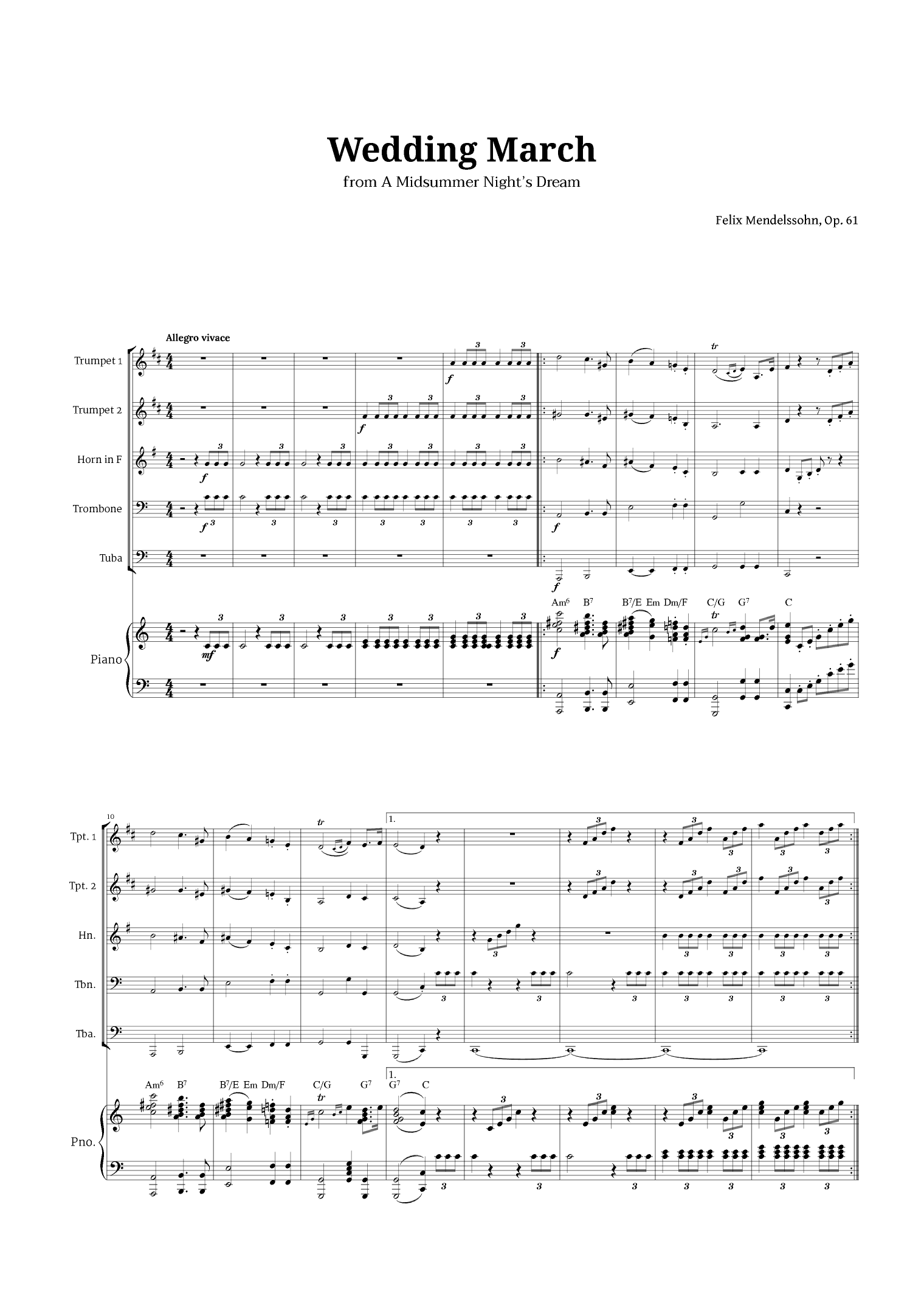 Wedding March by Mendelssohn for Brass Quintet and Piano with Chords (arr. Langanho)