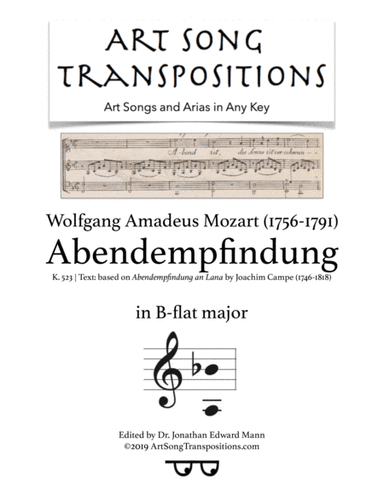 MOZART: Abendempfindung, K. 523 (transposed to B-flat major) (arr. ArtSongTranspositions.com)
