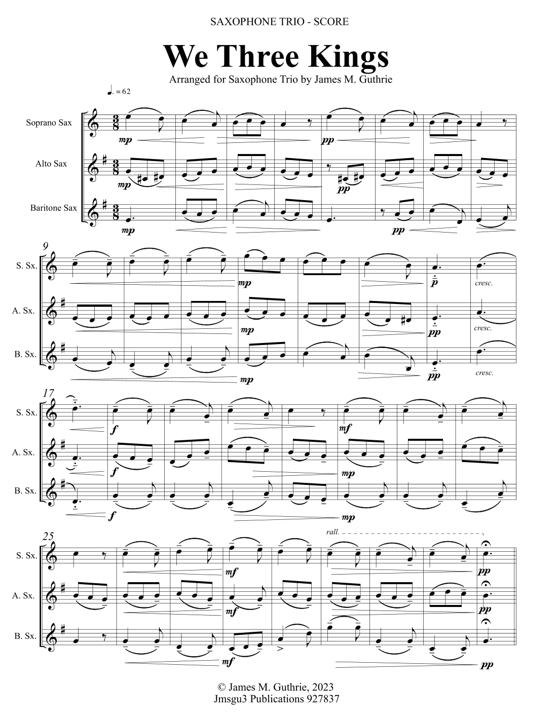 We Three Kings for Saxophone Trio (arr. James M. Guthrie)