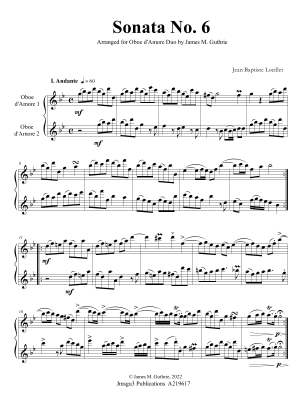 Loeillet: Sonata No. 6 for Oboe d’Amore Duo (arr. James M. Guthrie)