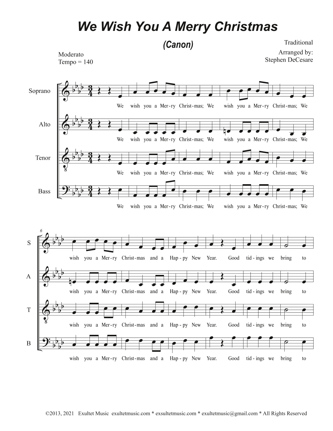 We Wish You A Merry Christmas (Canon) (Vocal Quartet - (SATB) (arr. Exultet Music)