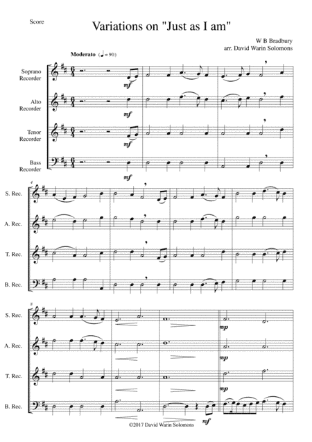 Variations on Just as I am for recorder quartet (arr. David Warin Solomons)
