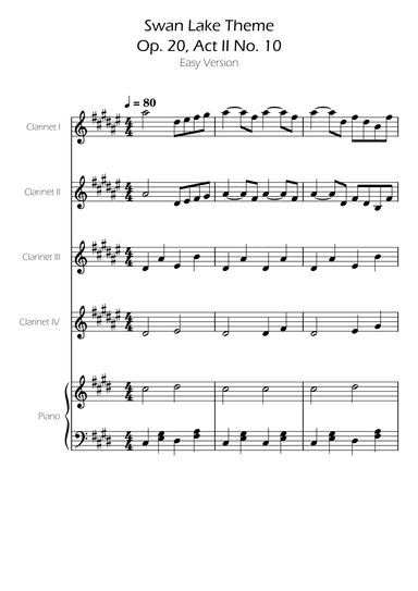 Swan Lake (theme) - Tchaikovsky - Clarinet Quartet w/ Piano Accompaniment (arr. Ygor Nunes)