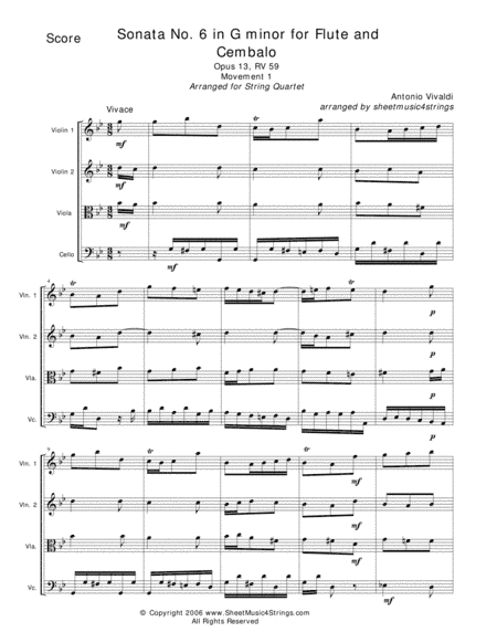 Vivaldi, A. - Sonata No. 6, Mvt. 1 for String Quartet (arr. Linda M. Scott)