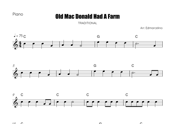 Old Mac Donald Had A Farm - Sheet Music to  Piano Beginners (arr. Edmarcelino)