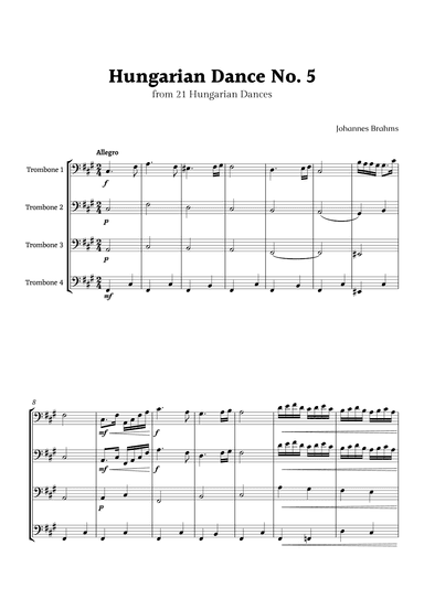 Hungarian Dance No. 5 by Brahms for Trombone Quartet (arr. Rika K.)