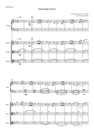 Amazing Grace (John Newton, E. O. Excell) for Viola Trio and and Piano Accompaniment with Chords (arr. Fernando Britto)