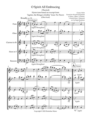 O Spirit All-Embracing (Thaxted) (Bb) (Woodwind Quintet - 1 Flute, 1 Oboe, 1 Clar, 1 Hrn, 1 Bassoon) (arr. Regis Bookshar)