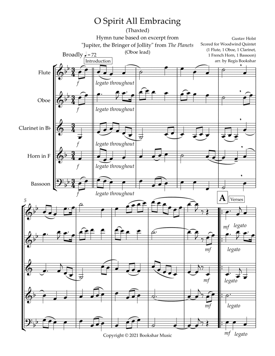 O Spirit All-Embracing (Thaxted) (Bb) (Woodwind Quintet - 1 Flute, 1 Oboe, 1 Clar, 1 Hrn, 1 Bassoon) (arr. Regis Bookshar)