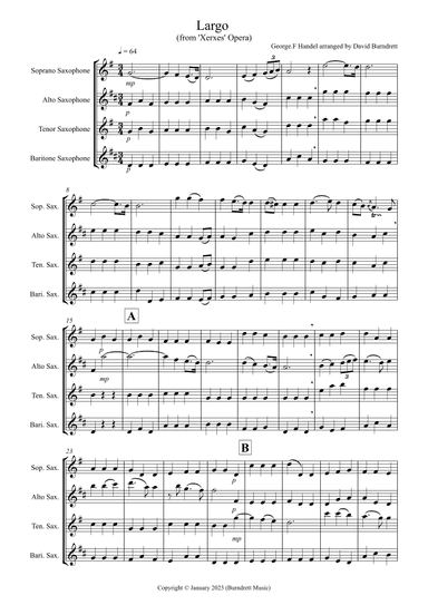 Largo from (Handel's Opera Xerxes) for Saxophone Quartet (arr. David Burndrett)
