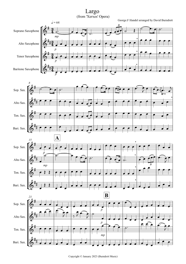 Largo from (Handel's Opera Xerxes) for Saxophone Quartet (arr. David Burndrett)