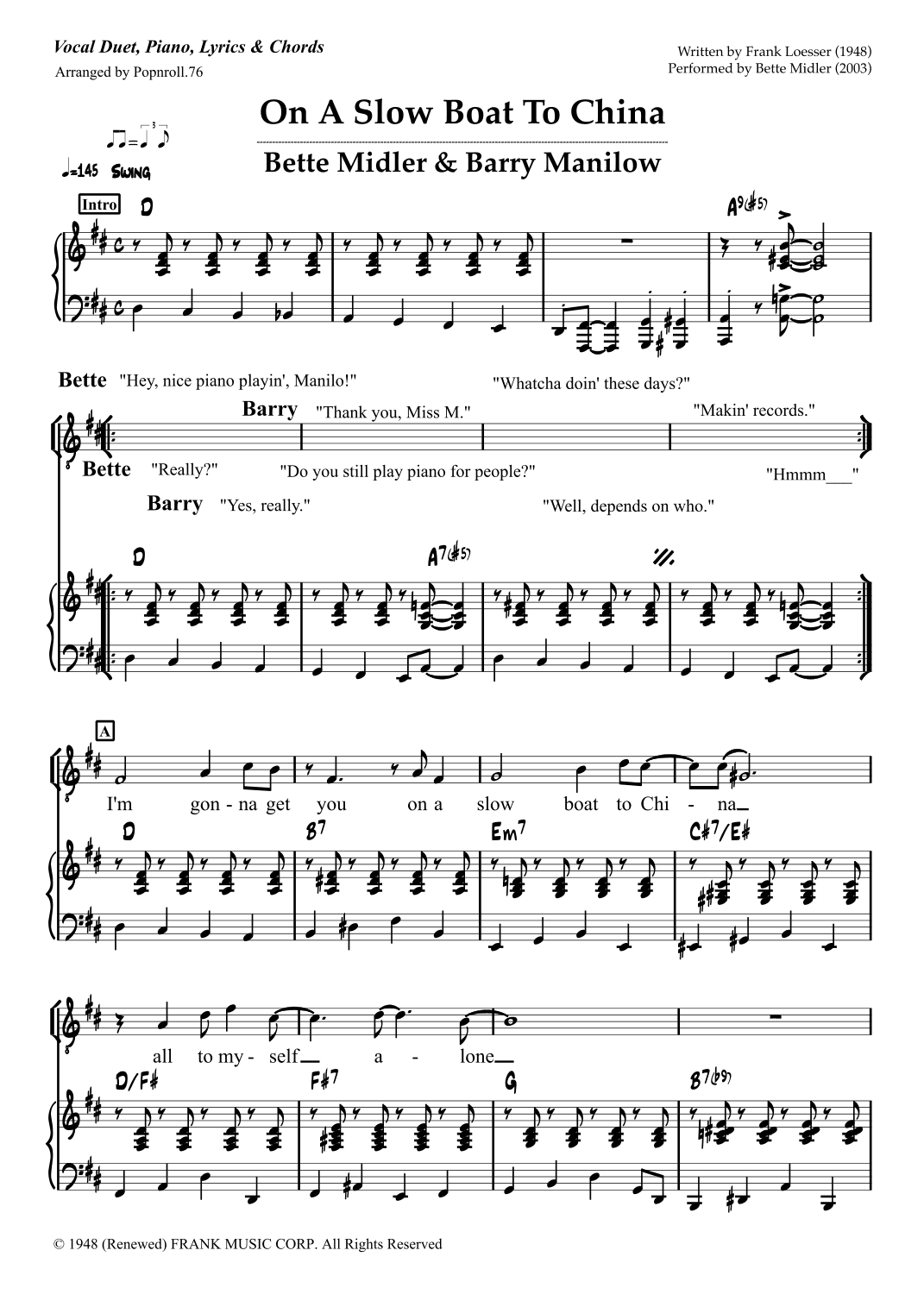 On A Slow Boat To China (arr. Popnroll.76)