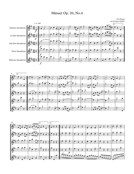 Minuet Op 20, No 4 by Franz Joseph Haydn for Saxophone Quartet (arr. Jesse Audelo)