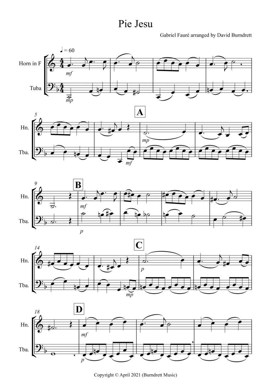 Pie Jesu (from Requiem) for French Horn and Tuba Duet (arr. David Burndrett)