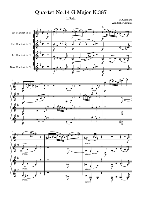 W.A.Mozart: Quartet No.14 G Major K.387 for 3 Clarinets and Bass Clarinet (arr. Saho Omukai)