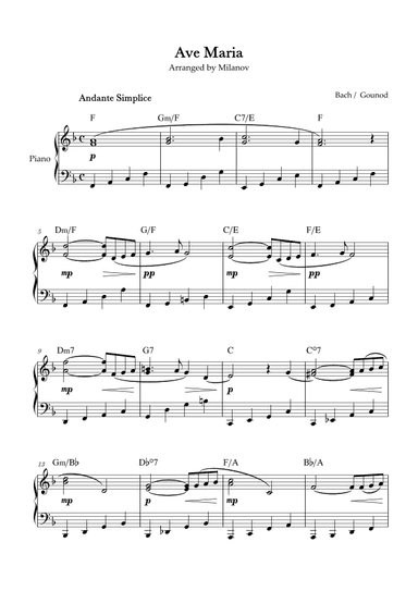 Ave Maria Bach Gounod in F Intermediate Piano Chord (arr. Milanov)