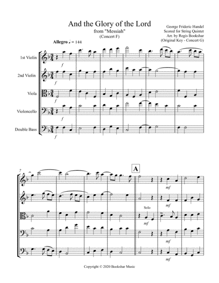 And the Glory of the Lord (from "Messiah") F) (String Quintet - 2 Violins, 1 Viola, 1 Cello, 1 Bass) (arr. Regis Bookshar)