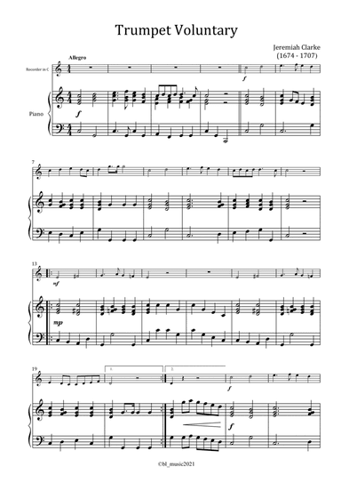Trumpet Voluntary for Recorder in C with Piano Acc and Midi Playback (arr. Barbara Brennan)
