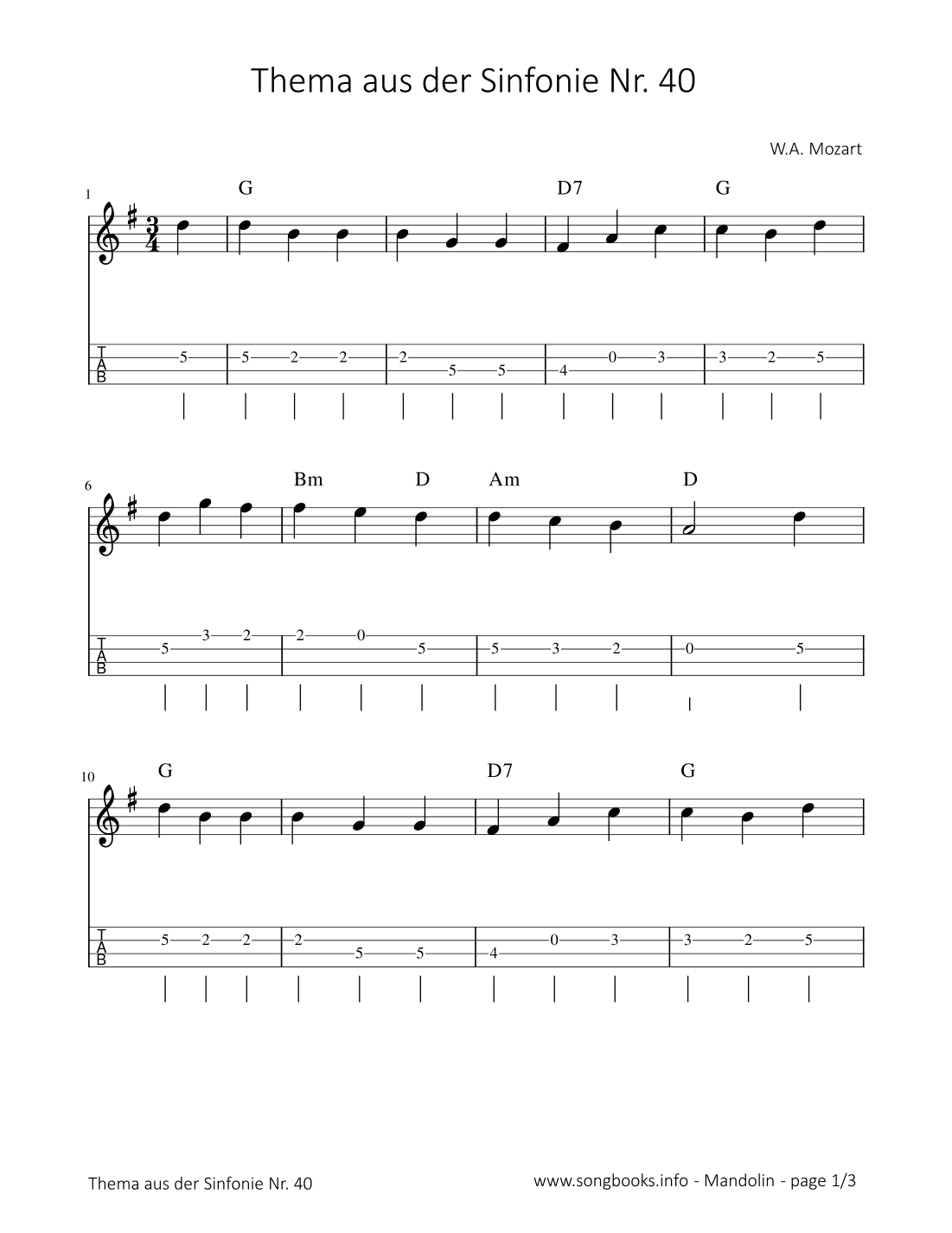 Thema aus der Sinfonie Nr. 40 - W. A. Mozart (arr. songbooks.info)