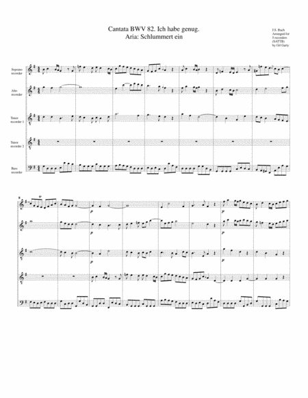 Aria: Schlummert ein from Cantata BWV 82 (arrangement for 5 recorders) (arr. Gil Garty)