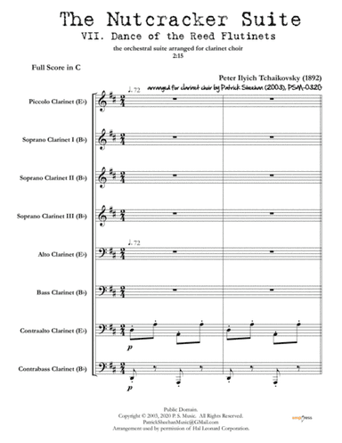 Nutcracker Suite, Mvt. VII "Dance of the Reed Flutinets" for clarinet choir (full score & set of par (arr. Patrick Sheehan)