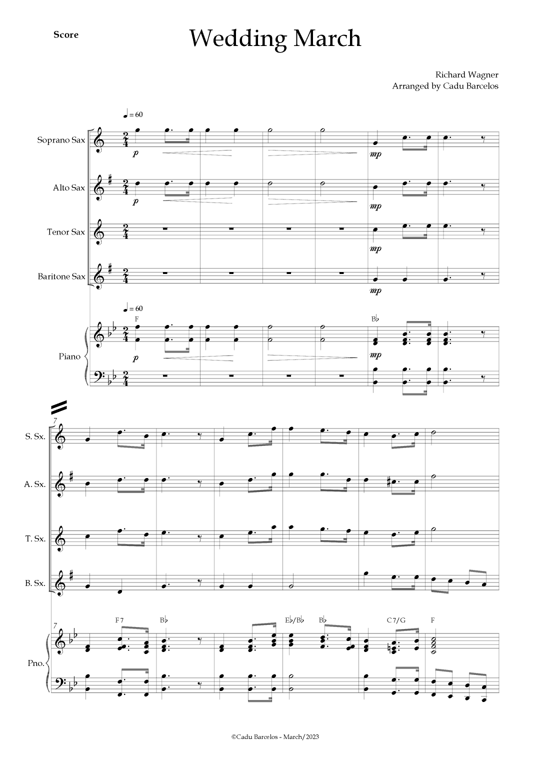 Wedding March (Wagner) Saxophone Quartet Piano and chords (arr. Cadu Barcelos)