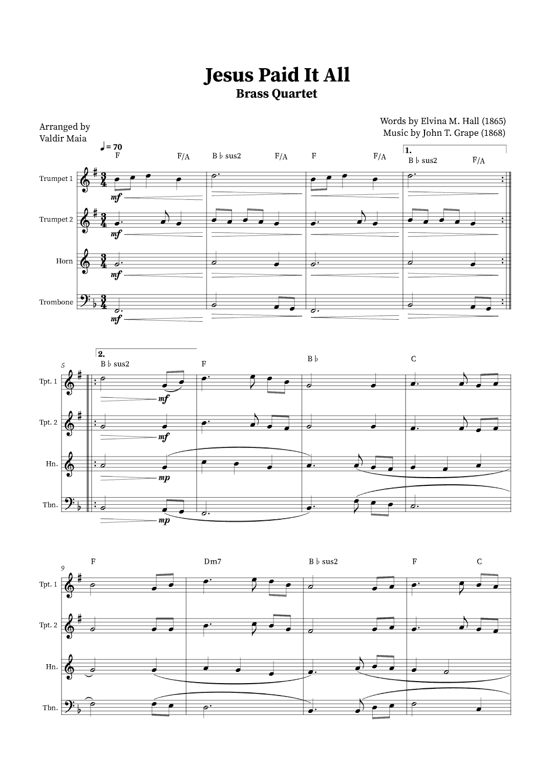 Jesus Paid It All - Brass Quartet (+Chords) (arr. Valdir Maia)