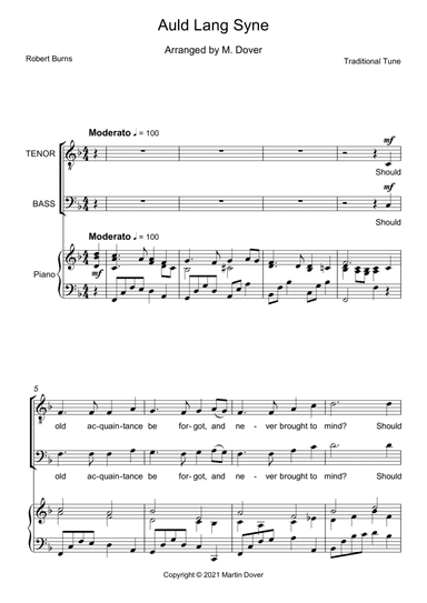 Auld Lang Syne - Two Part Choir TB - Lower Voices (arr. Martin Dover)