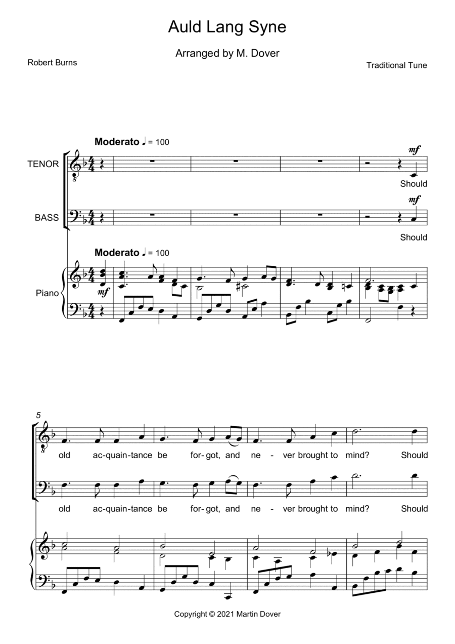 Auld Lang Syne - Two Part Choir TB - Lower Voices (arr. Martin Dover)