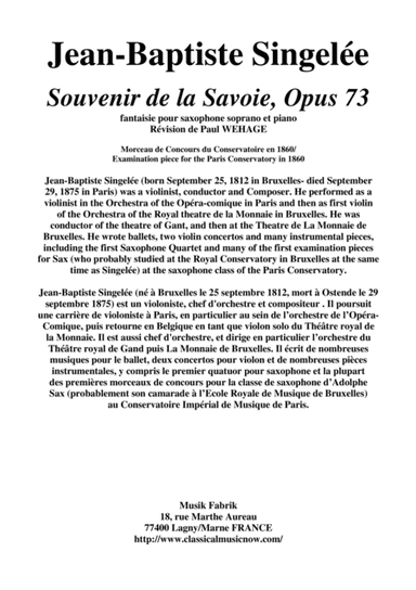 Jean-Baptiste Singelée: Souvenir de la Savoie, Opus 73 fantaisie pour saxophone soprano et piano (arr. Musik Fabrik Music Publishing)