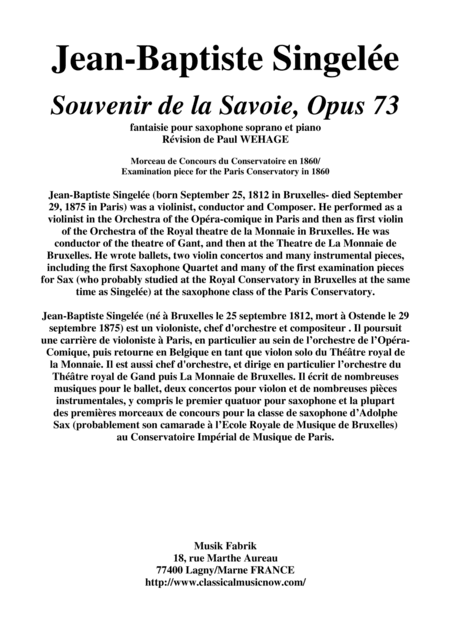 Jean-Baptiste Singelée: Souvenir de la Savoie, Opus 73 fantaisie pour saxophone soprano et piano (arr. Musik Fabrik Music Publishing)