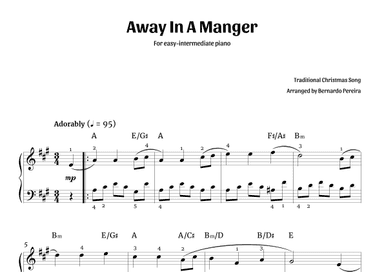 Away In A Manger (easy-intermediate piano in A major - with chords) (arr. Bernardo Pereira)