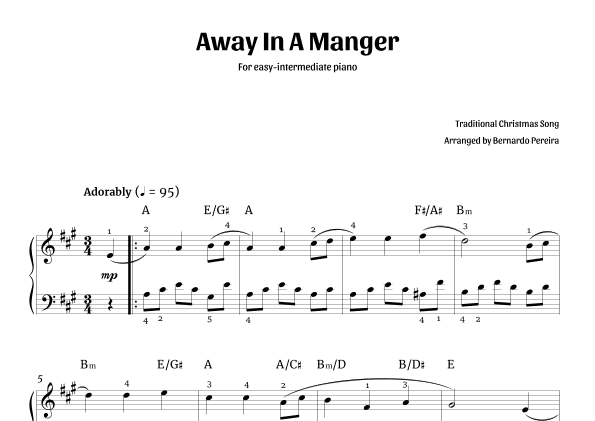 Away In A Manger (easy-intermediate piano in A major - with chords) (arr. Bernardo Pereira)