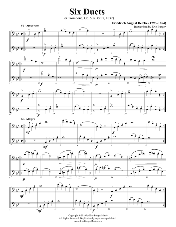6 Duets Op. 50 by Friedrich August Belke for Trombone (arr. Eric Burger Music)