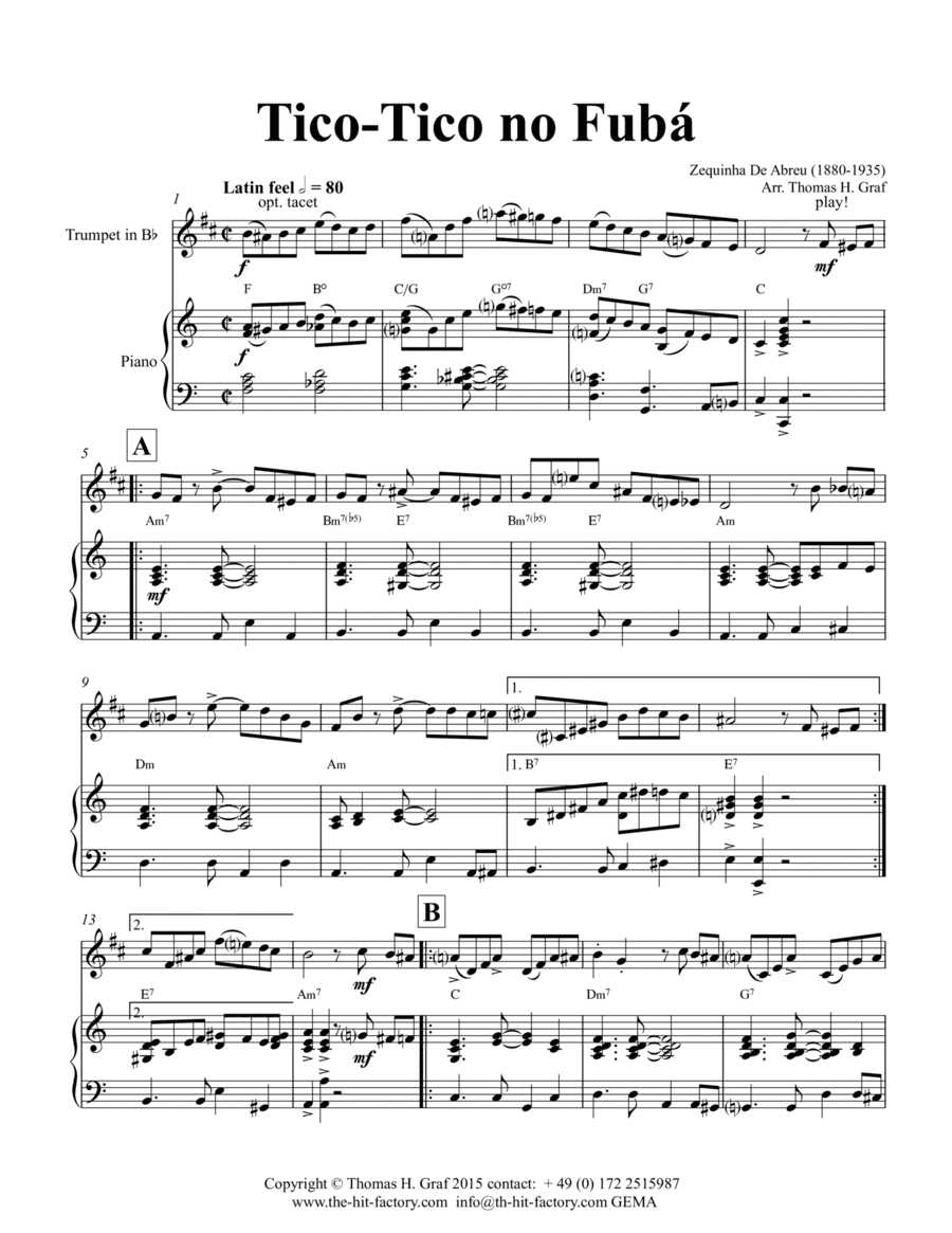 Tico-Tico no Fubá - Choro - Key: A-minor - Piano and Trumpet (arr. Thomas Graf)