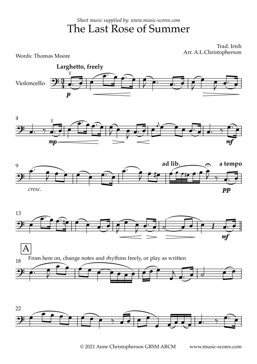 The Last Rose of Summer - Unaccompanied Cello (arr. Anne L Christopherson GRSM ARCM)