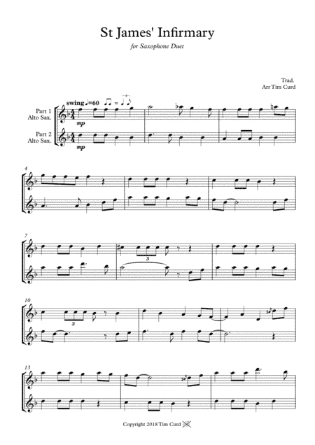 St James' Infirmary. Saxophone Duet (arr. Tim Curd.)