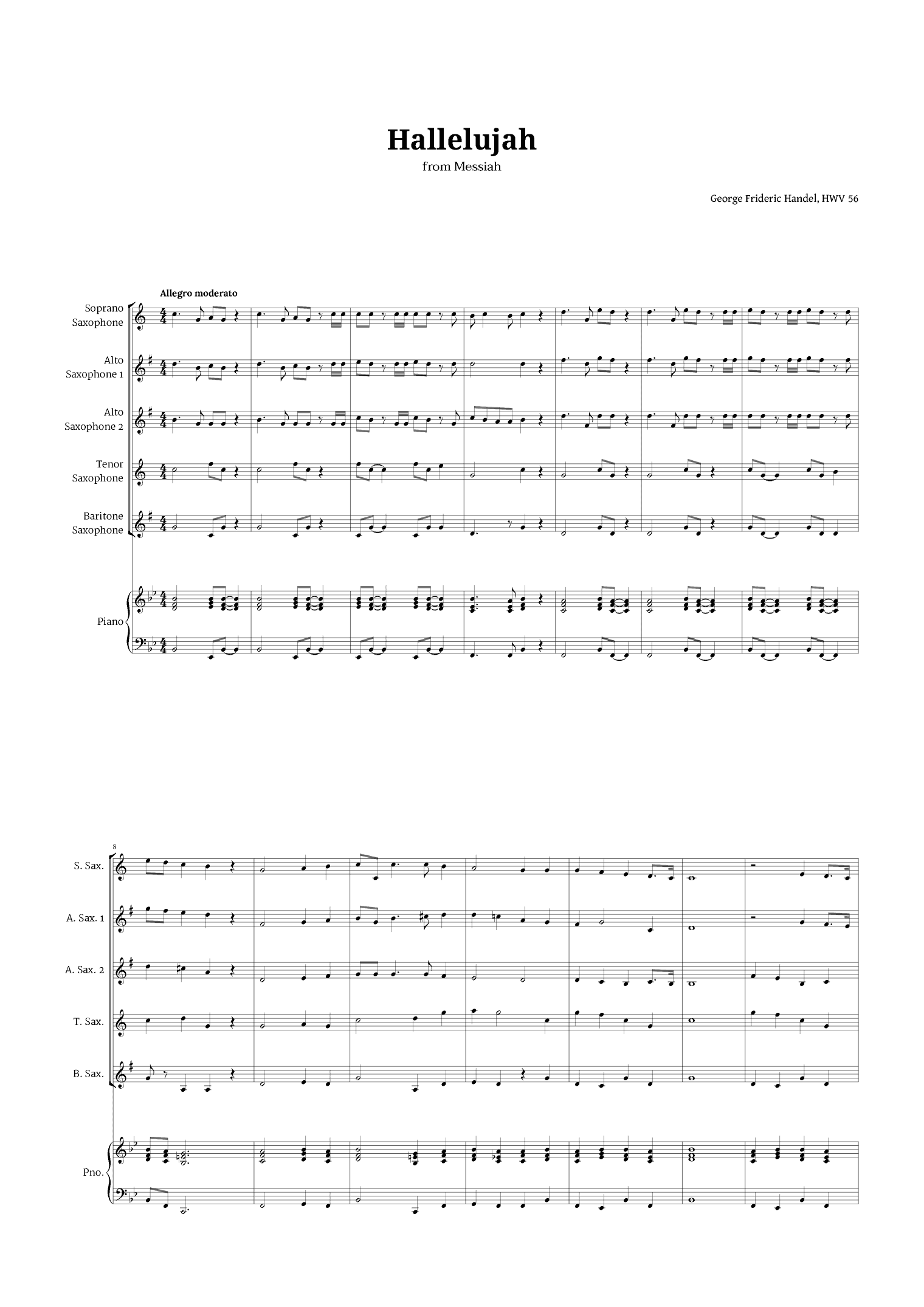Hallelujah by Handel for Sax Quintet and Piano (arr. Langanho)
