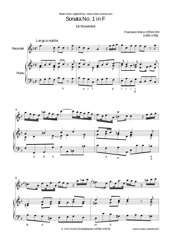 Veracini Largo - Recorder and Piano (arr. Anne L Christopherson GRSM ARCM)