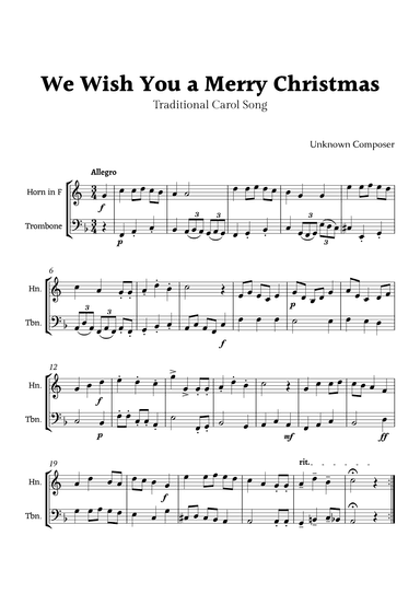 We Wish you a Merry Christmas for Horn in F and Trombone Duet (arr. Rika K.)