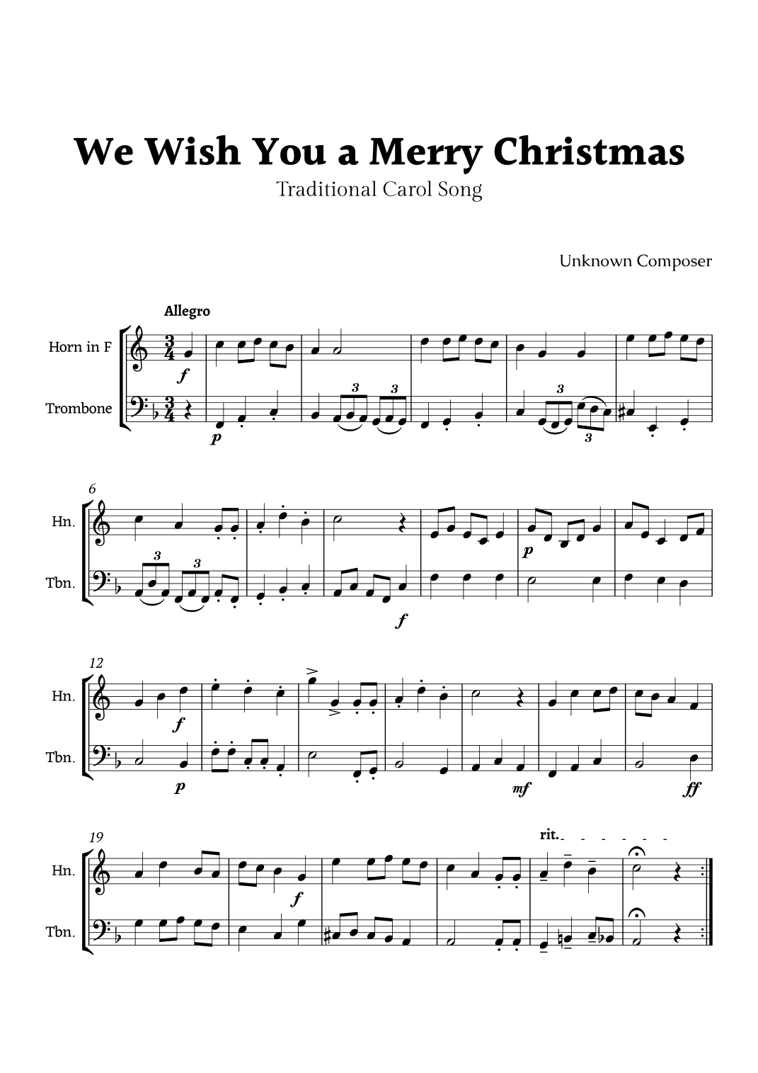 We Wish you a Merry Christmas for Horn in F and Trombone Duet (arr. Rika K.)