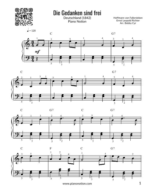 Die Gedanken sind frei (leichtes Klavier) (arr. Bobby Cyr)
