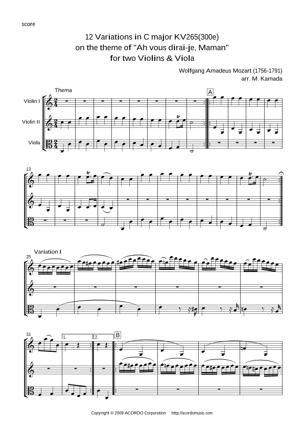 12 Variations in C major KV265(300e) on the theme of "Ah vous dirai-je, Maman" for 2 Violins & Viola (arr. Miko Kamada)