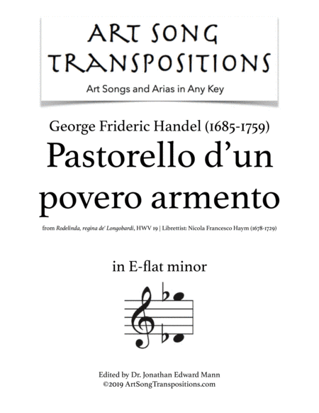 HANDEL: Pastorello d'un povero armento (transposed to E-flat minor) (arr. ArtSongTranspositions.com)