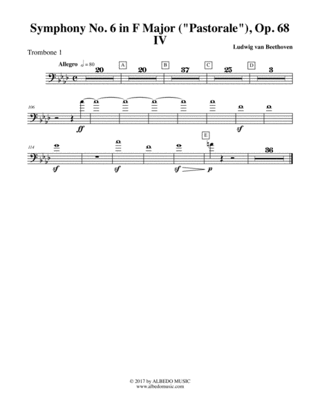 Beethoven Symphony No. 6, Pastorale, Movement IV - Trombone in Bass Clef 1 (Transposed Part), Op. 68 (arr. Doug Clyde)
