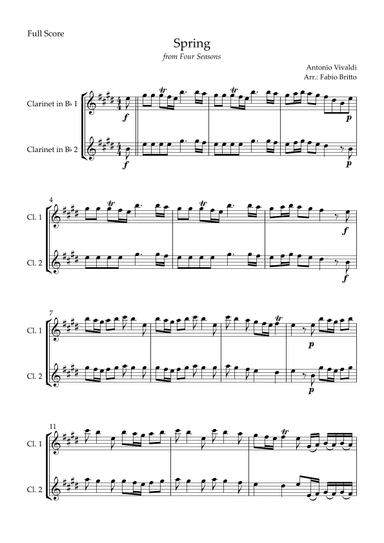 Spring (from Four Seasons of Antonio Vivaldi) for Clarinet in Bb Duo (arr. Fabio Britto)