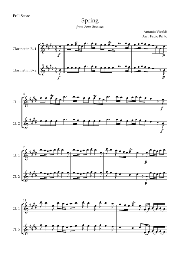 Spring (from Four Seasons of Antonio Vivaldi) for Clarinet in Bb Duo (arr. Fabio Britto)