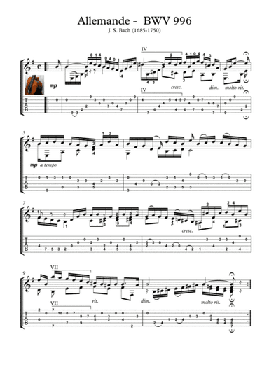 Bach for guitar BWV 996 Allemande (arr. PianoSheetNow)